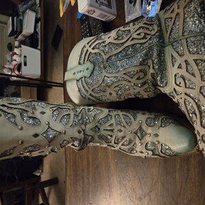 Corral Glitter Heeled Boots in Silver and Cream
